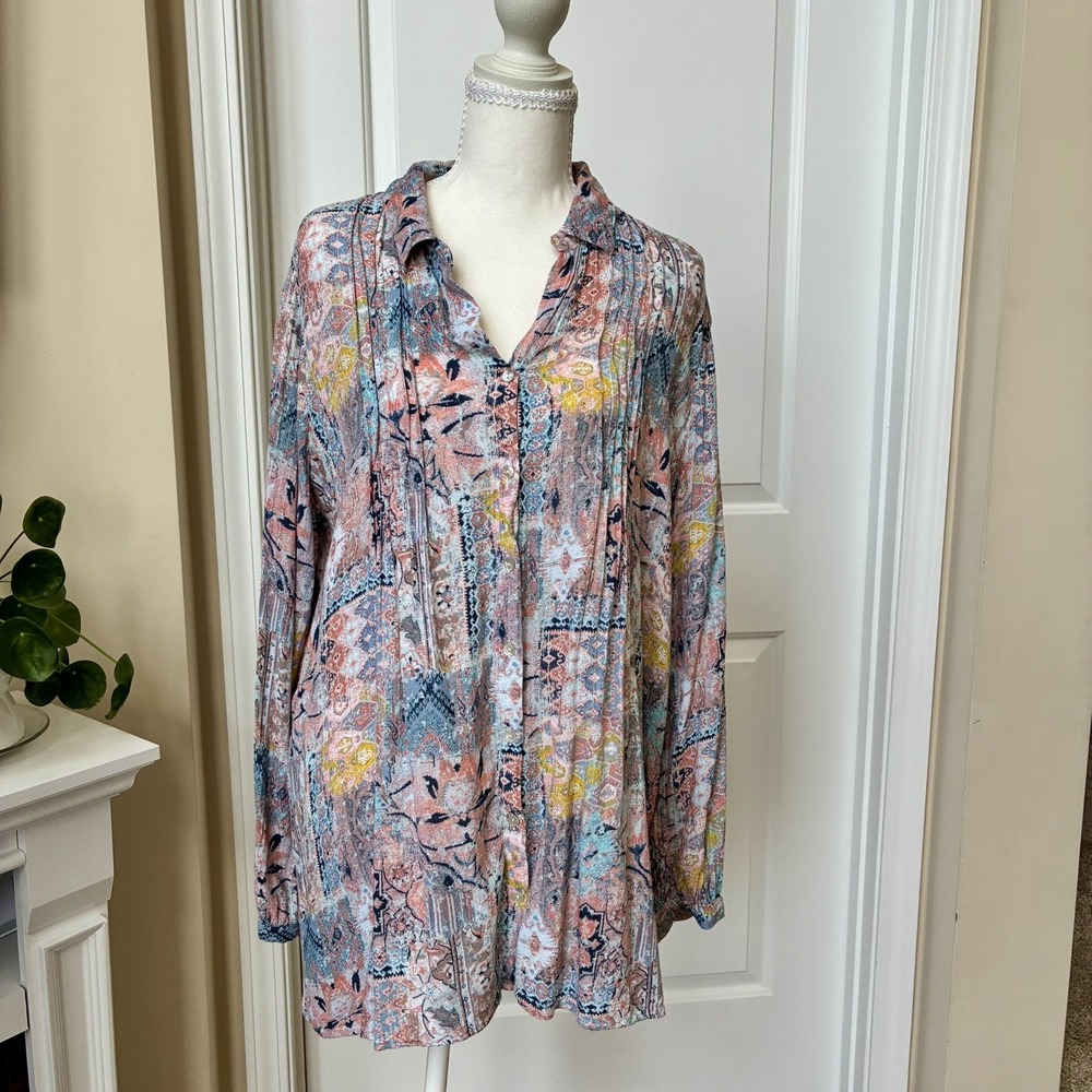 JANE & DELANCEY Top Womens Size XL Multi Print Button Long Sleeve Shirt